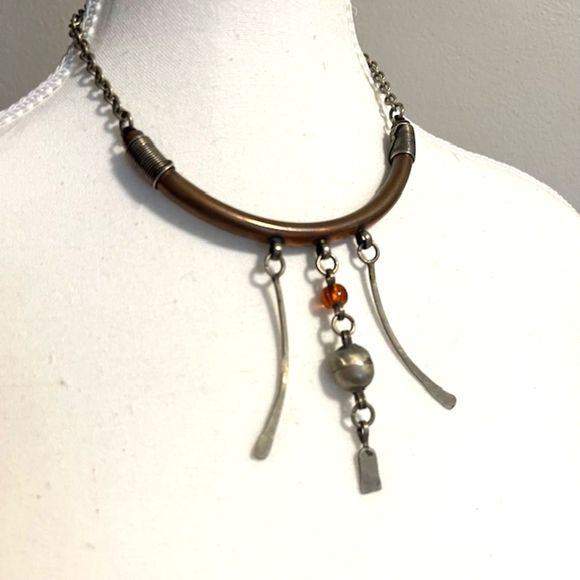 Tribal Silver Tone Bronze Statement Necklace Hook Clasp Closure - Picture 2 of 6